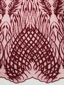 Beaded Embroidered Fabric - Burgundy - Embroidered Heart and Feather Pattern Fabric Sold By Yard