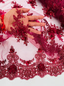 3D Floral Sequins Design - Burgundy - Embroidered Floral Lace Fabric With Sequins / Pearls By Yard