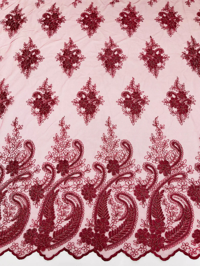 Metallic Paisley Floral Lace - Burgundy - Corded Floral Lace with Metallic Thread on Mesh By Yard