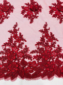 Flower 3D Corded Fabric - Burgundy - Lace Mesh Fabric Embroidered Floral Design by Yard