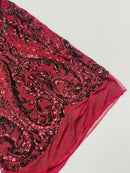 Heart Shape Sequins Fabric - Burgundy - 4 Way Stretch Sequins Damask Fabric By Yard