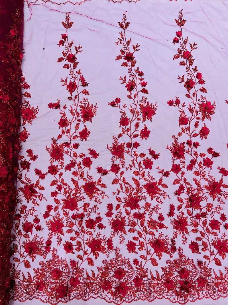 3D Glitter Floral Fabric - Burgundy - Glitter Sequin Flower Design on Lace Mesh Fabric by Yard