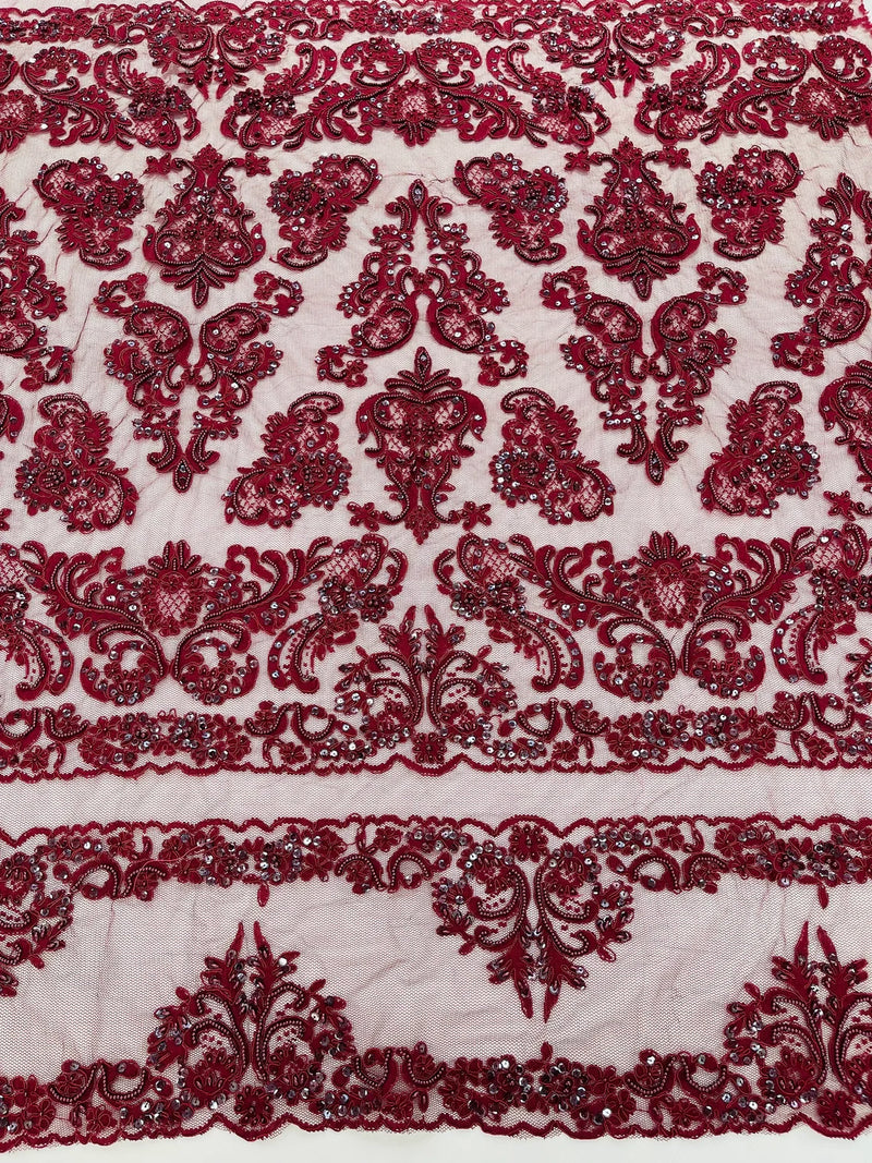 My Lady Beaded Fabric - Burgundy - Damask Beaded Sequins Embroidered Fabric By Yard