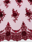 3D Floral Sequins Design - Burgundy - Embroidered Floral Lace Fabric With Sequins / Pearls By Yard