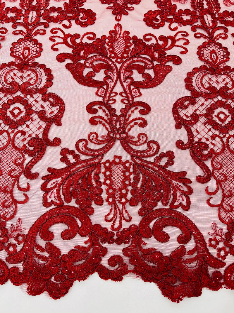 King Lace Design Fabric - Burgundy - King Design with Sequins Embroidered On Mesh By Yard