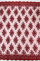 Isabela Design - Burgundy - Embroidery Beaded Fabric With Sequin on a Mesh Fabric by the yard