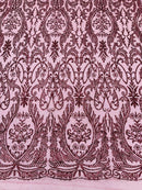 Beautiful Damask Design Glitter Fabric - Burgundy - Glitter Design on Lace Mesh Dress Fabric By Yard