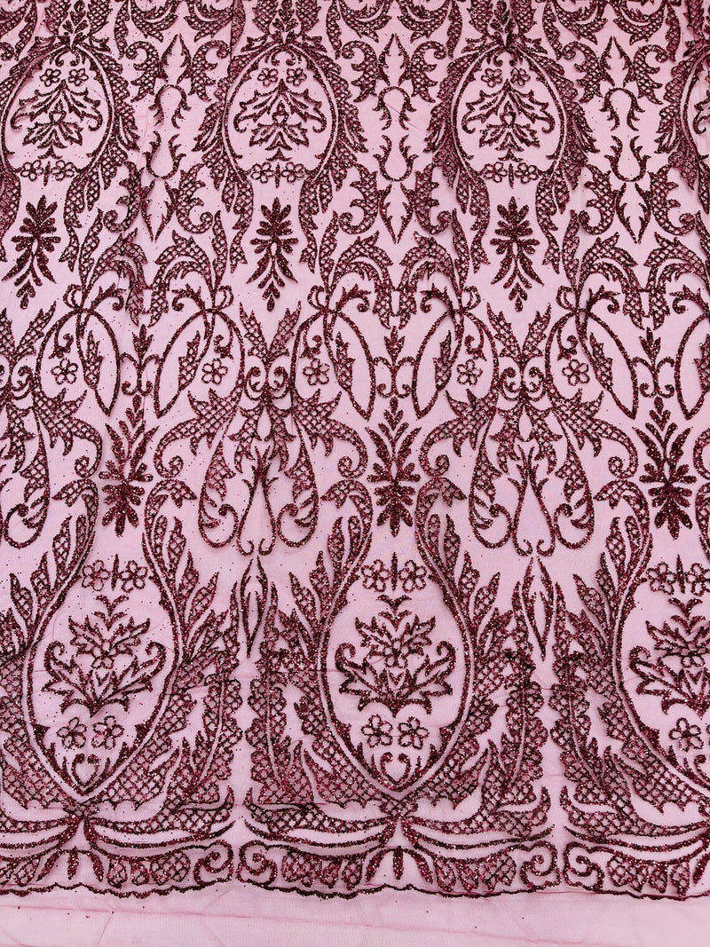 Beautiful Damask Design Glitter Fabric - Burgundy - Glitter Design on Lace Mesh Dress Fabric By Yard