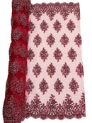 Heavy Bridal Lace Fabric - Burgundy - Floral Beaded Heavy Lace Fabric Sold by Yard