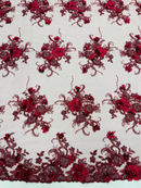 3D Flower Pearl Design - Burgundy - Embroidered Sequins Floral Clusters Lace Fabric By Yard