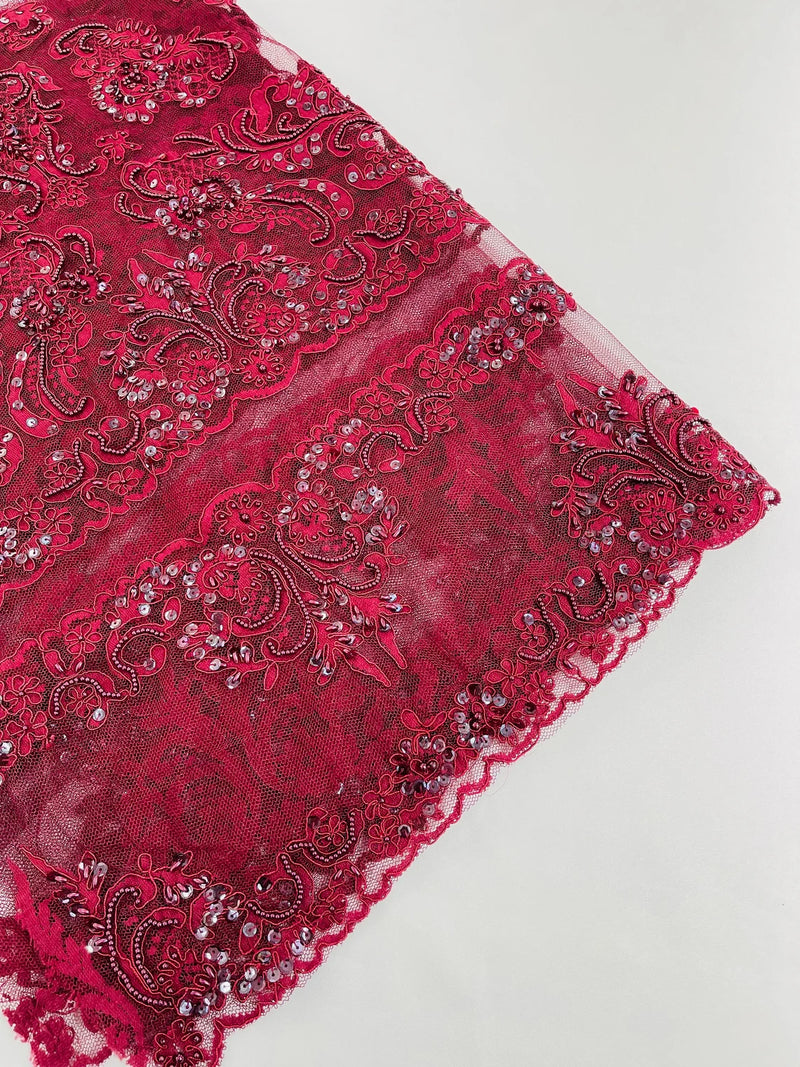 My Lady Beaded Fabric - Burgundy - Damask Beaded Sequins Embroidered Fabric By Yard