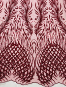 Beaded Embroidered Fabric - Burgundy - Embroidered Heart and Feather Pattern Fabric Sold By Yard