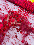 3D Glitter Floral Fabric - Burgundy - Floral Line Glitter Designs on Mesh Fabric Sold By Yard