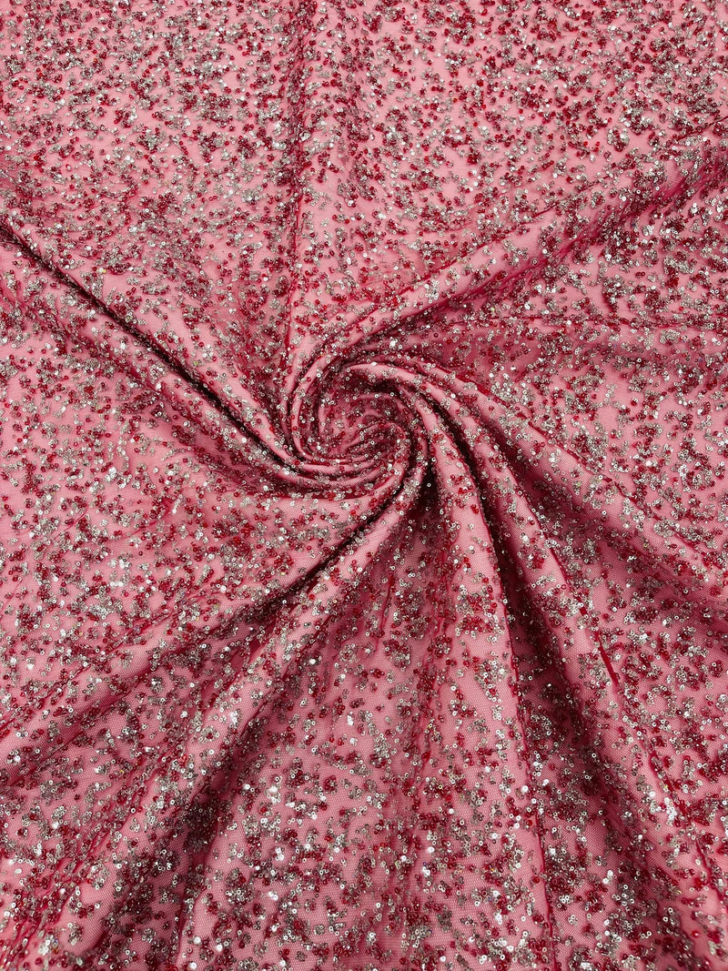 Bead/Sequins Lace Fabric - Burgundy - Small Sequins and Beads Embroidered on Lace Fabric By Yard