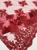 Floral Damask Corded Fabric - Burgundy - Embroidered Floral Design with Damask Border By Yard