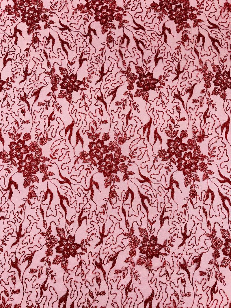 Floral Glitter Design Fabric - Burgundy - 3D Glitter Tulle Flower Plant Design Fabric By Yard