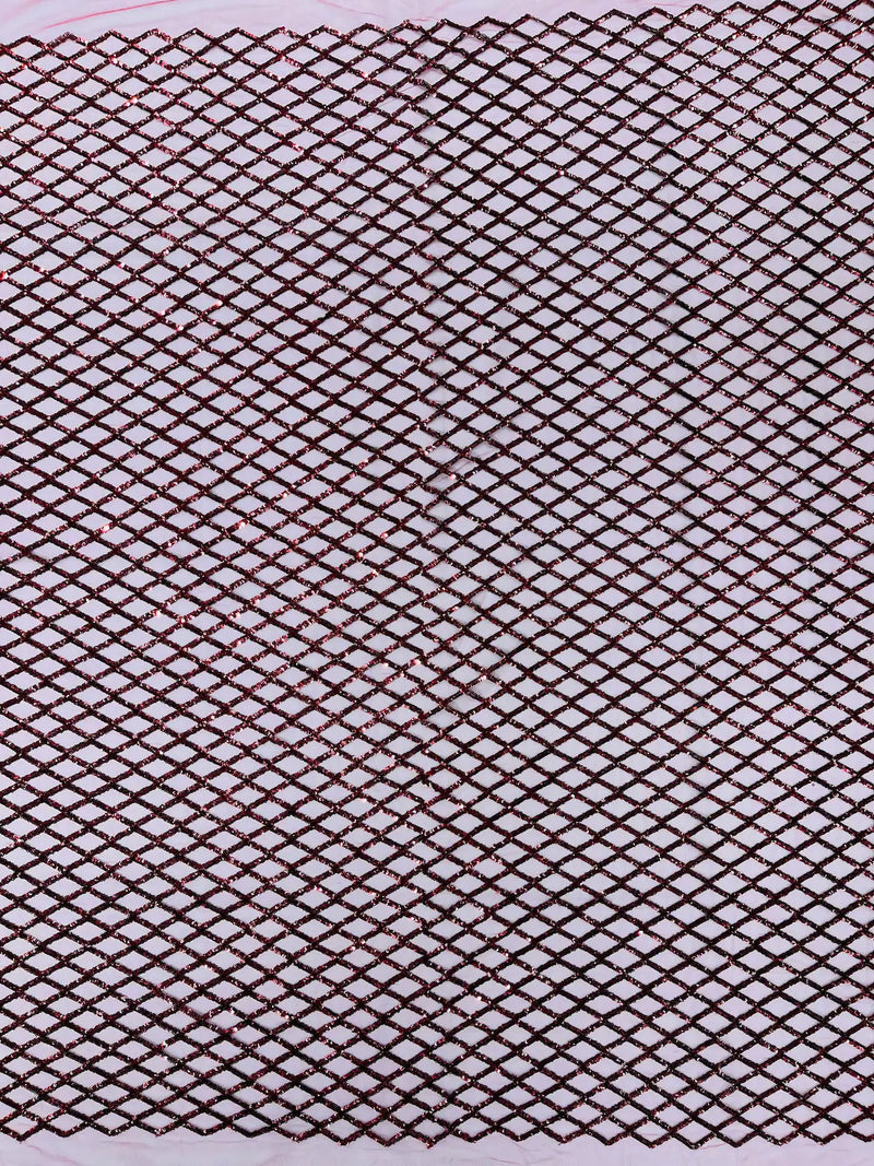 Diamond Net Sequins Fabric - Burgundy - Geometric Diamond Net Design on Mesh Lace Fabric By Yard