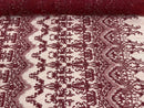 Damask Beaded Glam Fabric - Burgundy - Embroidery Beaded Fabric with Round Beads Sold By The Yard