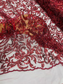 Floral Leaf Bead Fabric - Burgundy - Leaf Design Shiny Beads and Sequins on Lace Mesh by Yard
