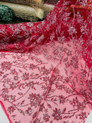 Floral Silver Bead Fabric - Burgundy - Beaded Flower Design with Sequins on Lace Mesh by Yard