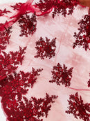 Flower 3D Corded Fabric - Burgundy - Lace Mesh Fabric Embroidered Floral Design by Yard