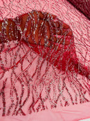 Beaded Wavy Fabric Design - Burgundy - Bead and Sequins Wavy Lace Fabric By Yard