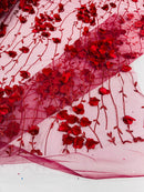 3D Floral Glitter Fabric - Burgundy - 3D Sequins and Glitter Floral Design on Mesh Sold By Yard