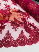 Floral Damask Bead Fabric - Burgundy - Embroidered Floral Clusters with Beads / Sequins by Yard