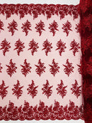 Flower Lace Sequins Fabric - Burgundy - Embroidered Floral Pattern Fabric with Sequins on Lace By Yard