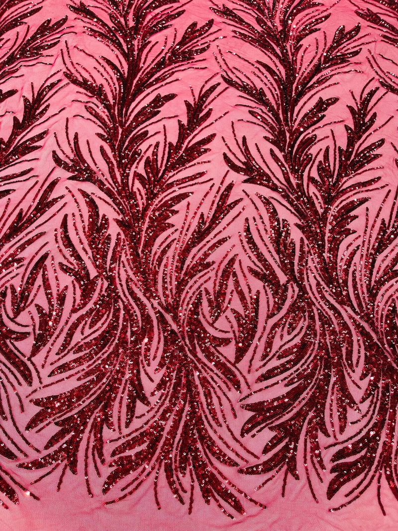 Leaf Stretch Sequins Fabric - Burgundy - 4 Way Stretch Sequins on Lace Mesh Fabric by Yard