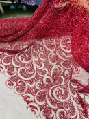 Swirl Design Bead Fabric - Burgundy - Beaded Swirl Design with Sequins on Mesh Lace by Yard