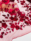 3D Orquidia Floral Lace - Burgundy - Beautiful Orchid Flower Fabric on Mesh by Yard