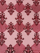 King Damask Lace Fabric - Burgundy - Corded Embroidery with Sequins on Mesh Lace Fabric By Yard