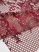 Damask Diamond Net Lace Fabric - Burgundy - Damask Design Embroidered on Lace Mesh Fabric by Yard