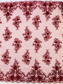 3D Rhinestone Flower Fabric - Burgundy - 3D Flower Beaded Clusters with Sequins and Rhinestones By Yard