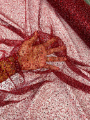 Beaded Mesh 3D Fabric - Burgundy - Beaded Lace Mesh Fabric Embroidered with Small Sequins Sold By Yard