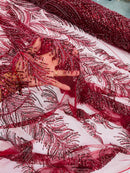 Beaded Line Fabric - Burgundy - Luxury Bridal Line Pattern Fabric With Beads, Sequins Sold By Yard