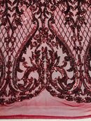 Heart Shape Sequins Fabric - Burgundy - 4 Way Stretch Sequins Damask Fabric By Yard