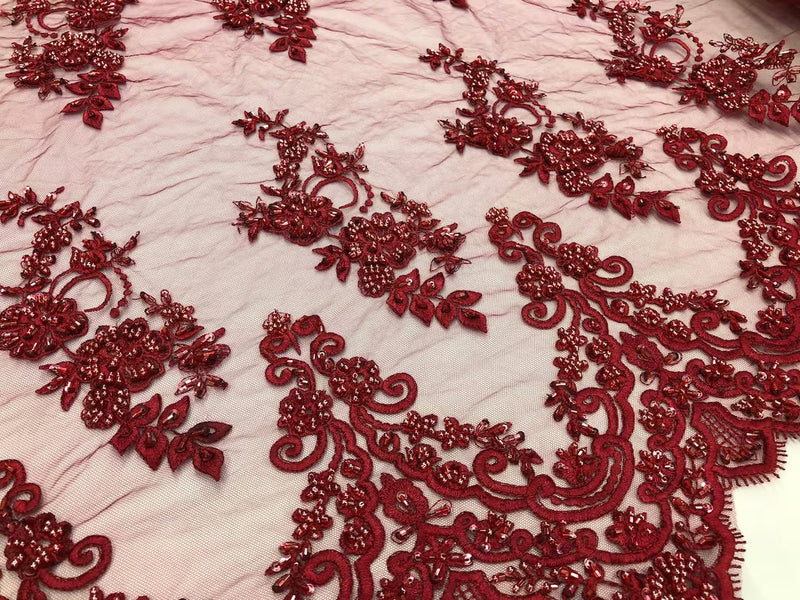 Floral Cluster Beaded Fabric - Burgundy - Embroidered Flower Beaded Fabric Sold By Yard