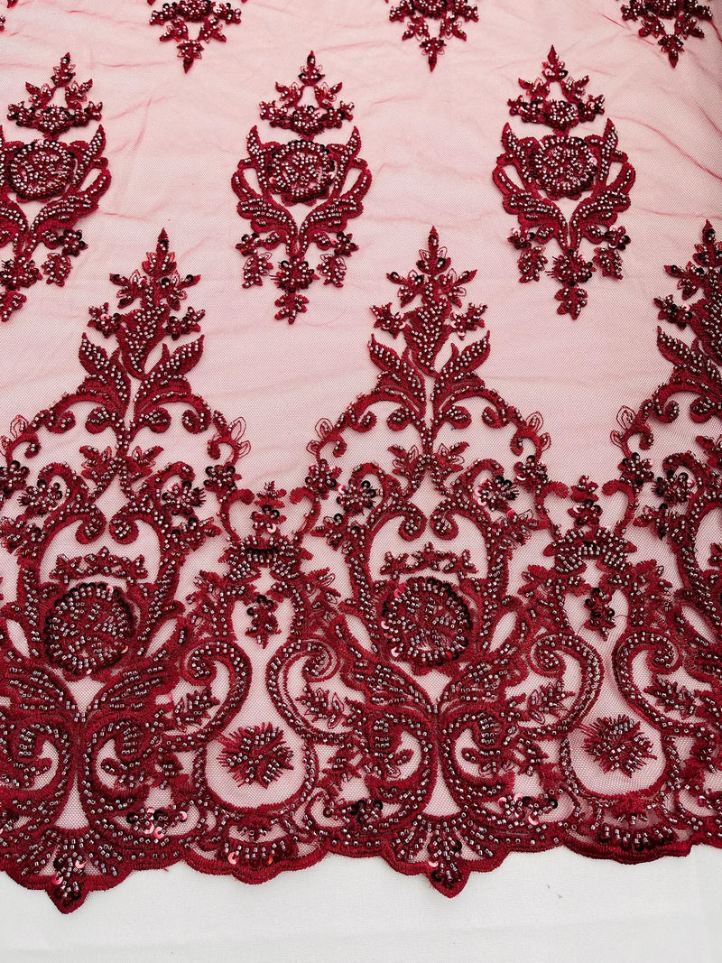 Embroidered Bead Fabric - Burgundy - Floral Damask Bead Bridal Lace Fabric by the yard