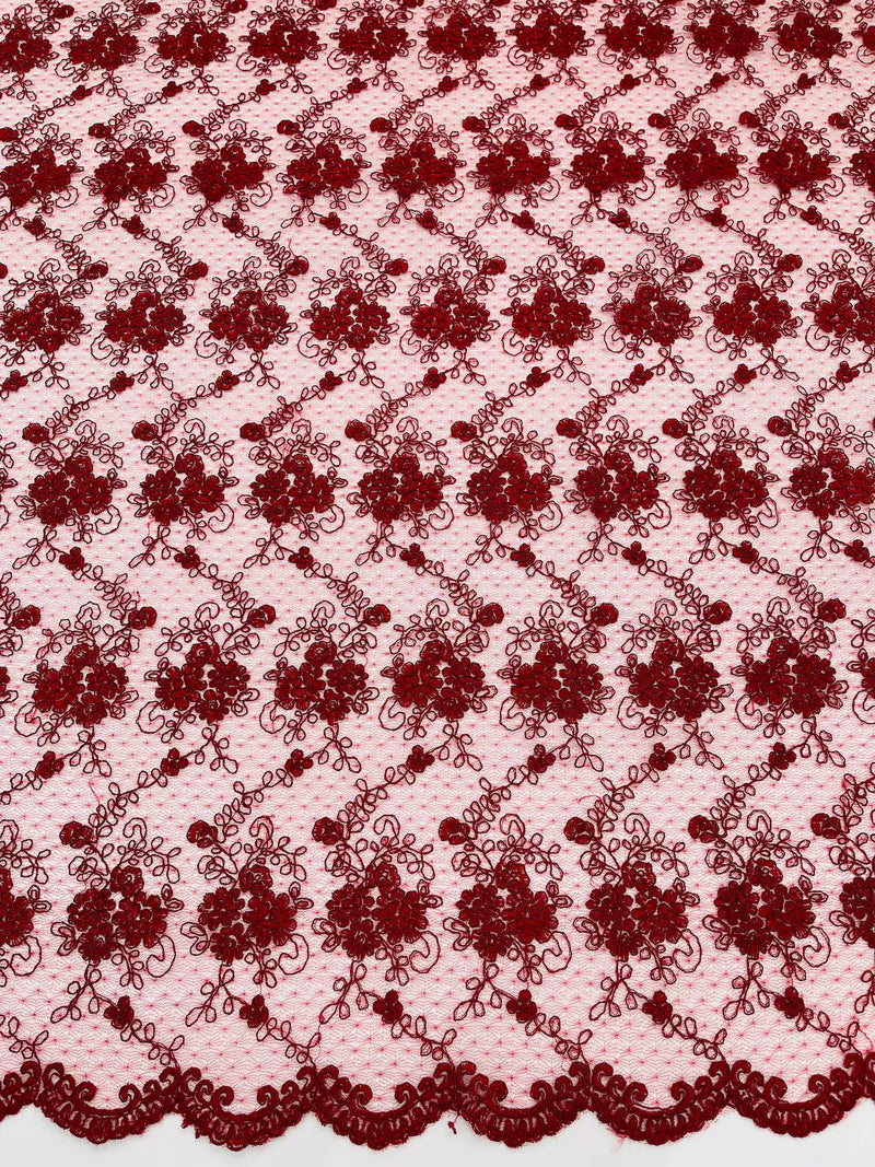 Jasmine Flower Fabric - Burgundy - Embroidered Floral Design Lace Mesh Bridal Fabric By Yard