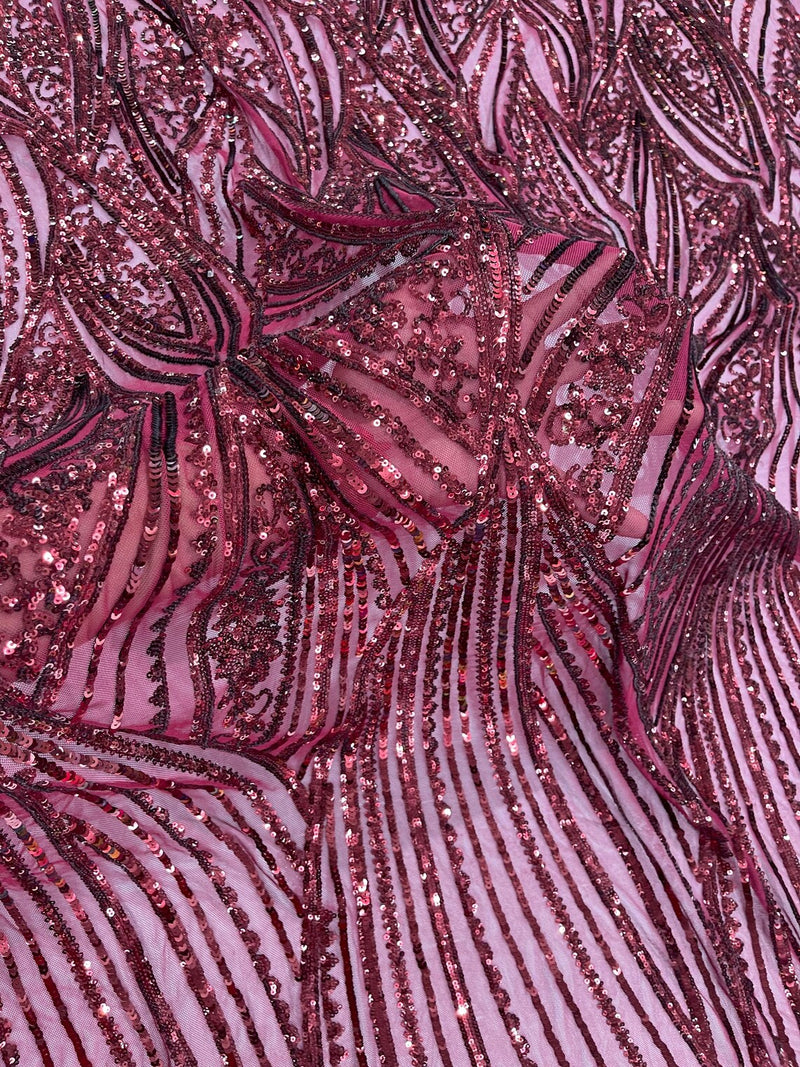 Curvy Design Sequins Fabric - Burgundy - 4 Way Stretch Curvy Sequins Design Mesh Fabric by Yard