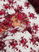 3D Flower Pearl Design - Burgundy - Embroidered Sequins Floral Clusters Lace Fabric By Yard