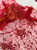 Floral Glitter Design Fabric - Burgundy - 3D Glitter Tulle Flower Plant Design Fabric By Yard