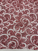 Swirl Design Bead Fabric - Burgundy - Beaded Swirl Design with Sequins on Mesh Lace by Yard