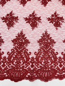 Floral Damask Corded Fabric - Burgundy - Embroidered Floral Design with Damask Border By Yard
