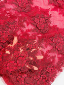 Flower 3D Corded Fabric - Burgundy - Lace Mesh Fabric Embroidered Floral Design by Yard