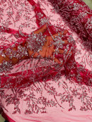 Floral Silver Bead Fabric - Burgundy - Beaded Flower Design with Sequins on Lace Mesh by Yard