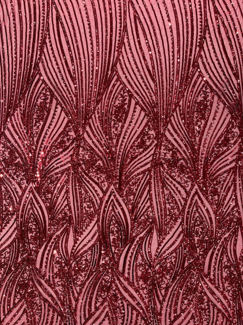 Curvy Design Sequins Fabric - Burgundy - 4 Way Stretch Curvy Sequins Design Mesh Fabric by Yard