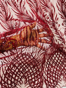 Beaded Embroidered Fabric - Burgundy - Embroidered Heart and Feather Pattern Fabric Sold By Yard